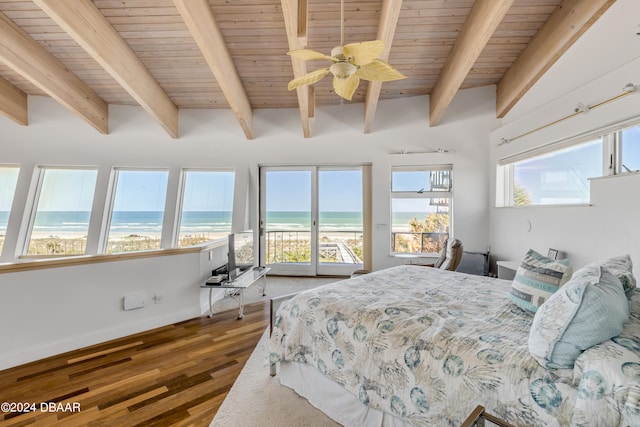 bedroom featuring beamed ceiling, wood ceiling, and dark hardwood / wood-style flooring