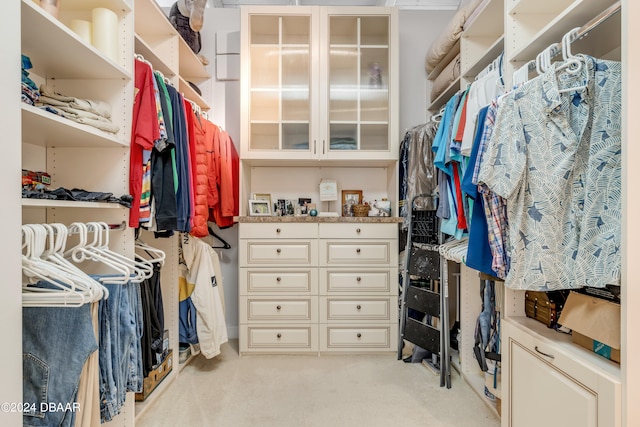 walk in closet featuring light carpet