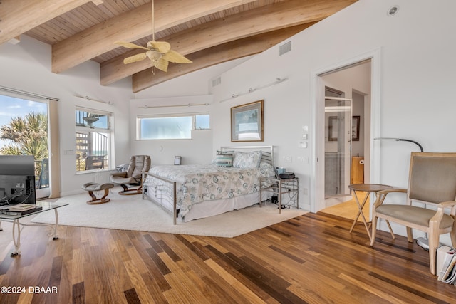 bedroom with ceiling fan, wood-type flooring, wooden ceiling, and vaulted ceiling with beams