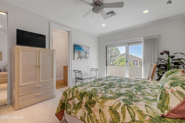 carpeted bedroom with access to outside, ceiling fan, and crown molding