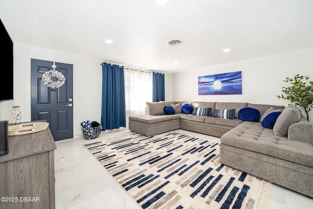living room with visible vents, recessed lighting, and marble finish floor