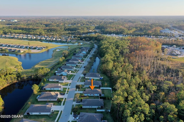 aerial view featuring a water view and a residential view