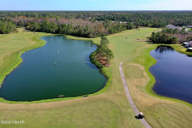 drone / aerial view with a water view and a wooded view