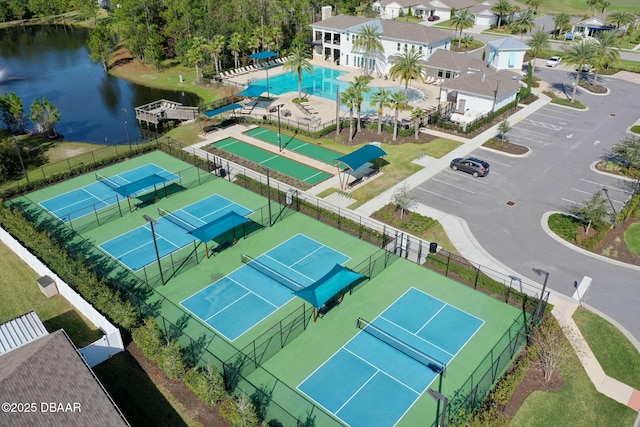 birds eye view of property featuring a water view