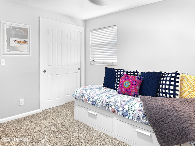 carpeted bedroom featuring ceiling fan and a closet