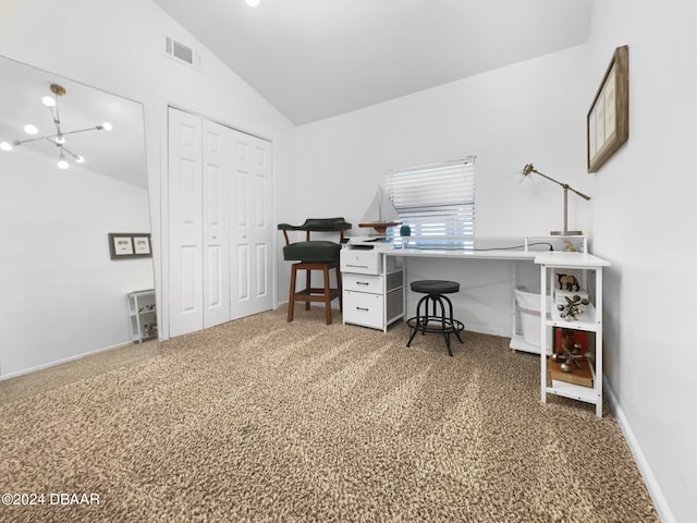 carpeted office space with vaulted ceiling and an inviting chandelier