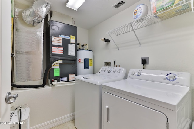 laundry area with electric water heater and washer and clothes dryer