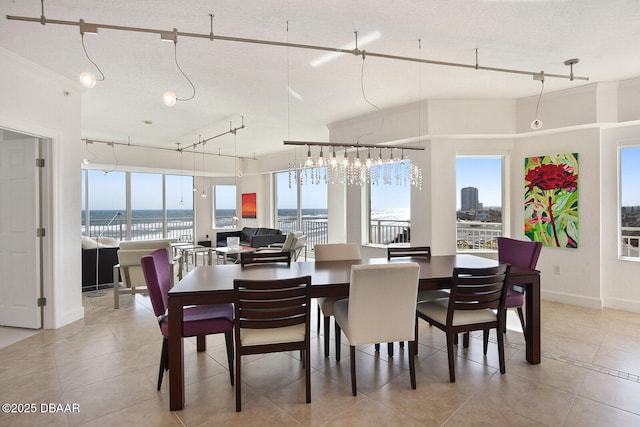 dining space featuring light tile patterned floors, baseboards, rail lighting, and a water view