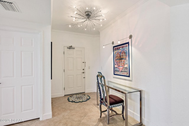 office area with visible vents, a notable chandelier, ornamental molding, light tile patterned flooring, and baseboards