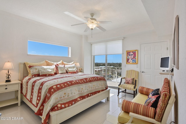 bedroom with light tile patterned floors, a ceiling fan, and access to outside