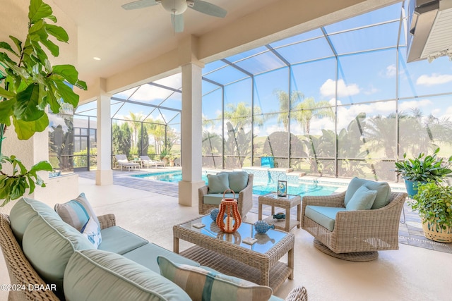 view of patio with an outdoor living space, a lanai, an outdoor pool, and a ceiling fan