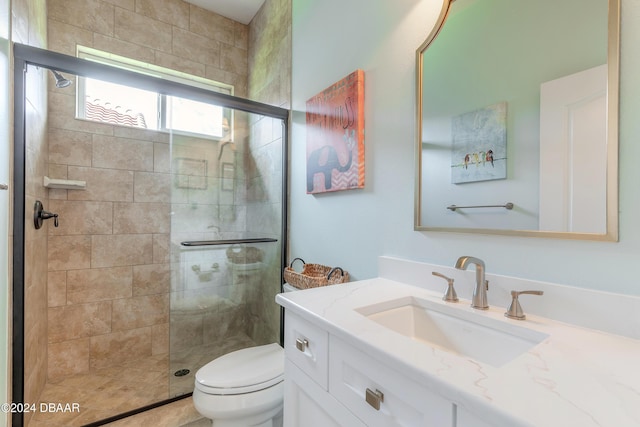 bathroom featuring a shower stall, toilet, and vanity