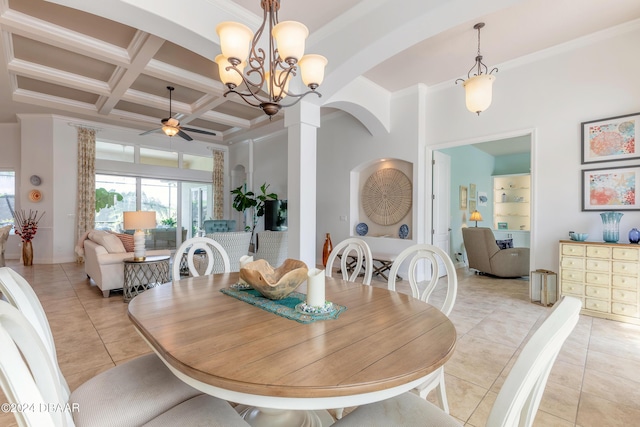dining area with coffered ceiling, beam ceiling, light tile patterned floors, ceiling fan with notable chandelier, and a towering ceiling