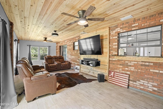 living room featuring wooden ceiling, brick wall, and light hardwood / wood-style floors