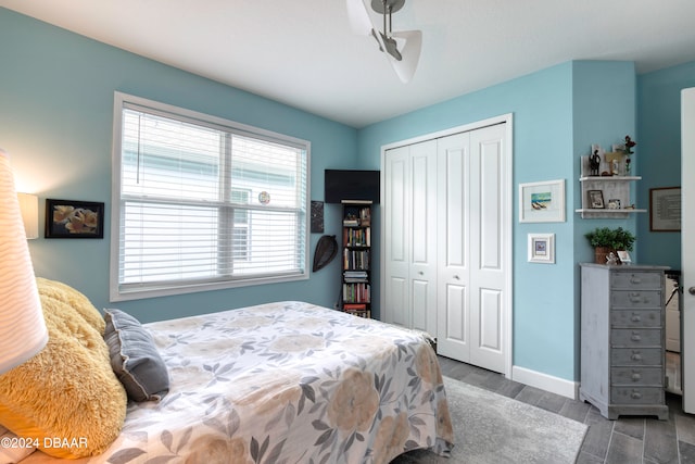 bedroom featuring ceiling fan, a closet, and dark hardwood / wood-style flooring