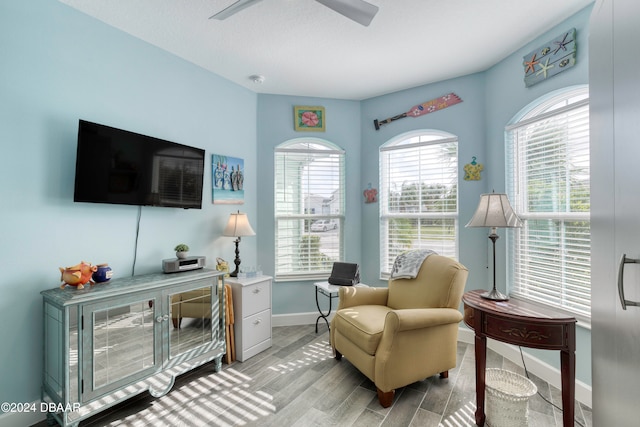 living area with a wealth of natural light, ceiling fan, and light hardwood / wood-style flooring