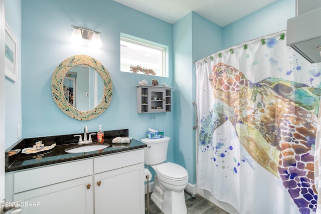 bathroom with walk in shower, vanity, toilet, and hardwood / wood-style flooring