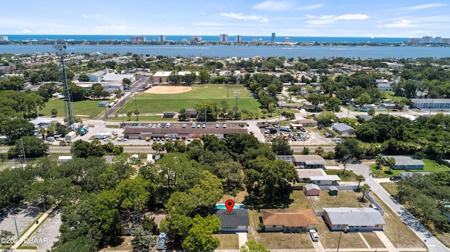 bird's eye view with a water view