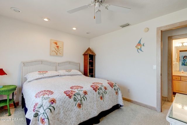 bedroom featuring baseboards, visible vents, a ceiling fan, light colored carpet, and recessed lighting