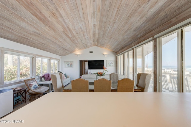 dining room featuring wooden ceiling, visible vents, and vaulted ceiling