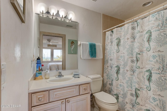 full bathroom with connected bathroom, toilet, a shower with shower curtain, visible vents, and vanity