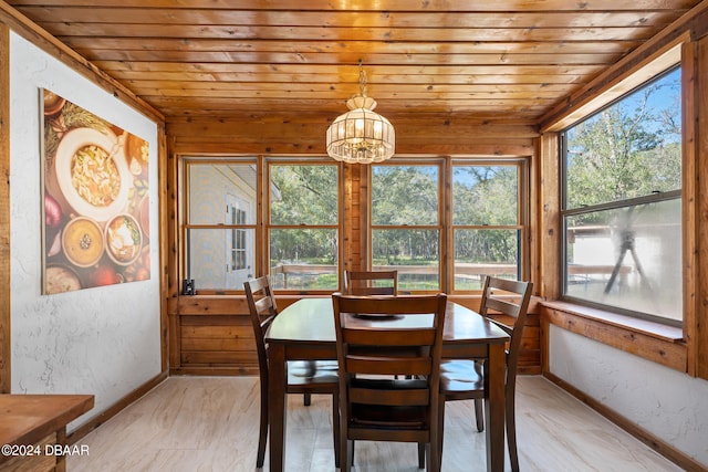 dining room featuring wooden ceiling, an inviting chandelier, a healthy amount of sunlight, and light wood-type flooring