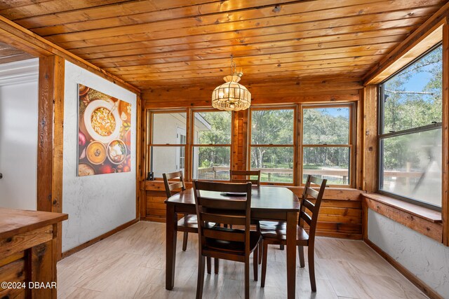 dining room featuring a chandelier and wood ceiling