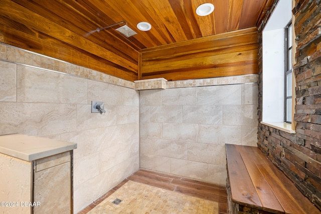 bathroom featuring wood ceiling and hardwood / wood-style flooring