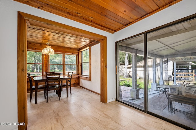 dining room with wood ceiling