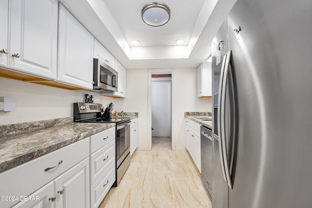 kitchen with dark stone counters, white cabinetry, a tray ceiling, and stainless steel appliances