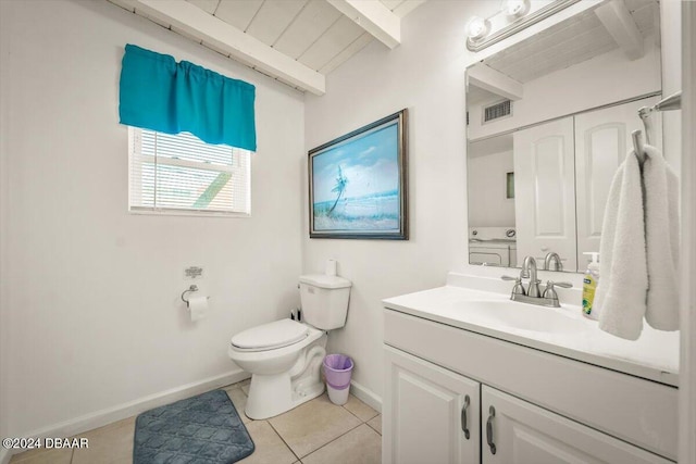 bathroom featuring beam ceiling, tile patterned flooring, toilet, vanity, and wood ceiling