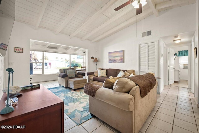 living room with beam ceiling, ceiling fan, high vaulted ceiling, and light tile patterned floors