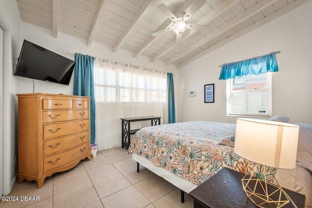 tiled bedroom with vaulted ceiling with beams, ceiling fan, wooden ceiling, and multiple windows