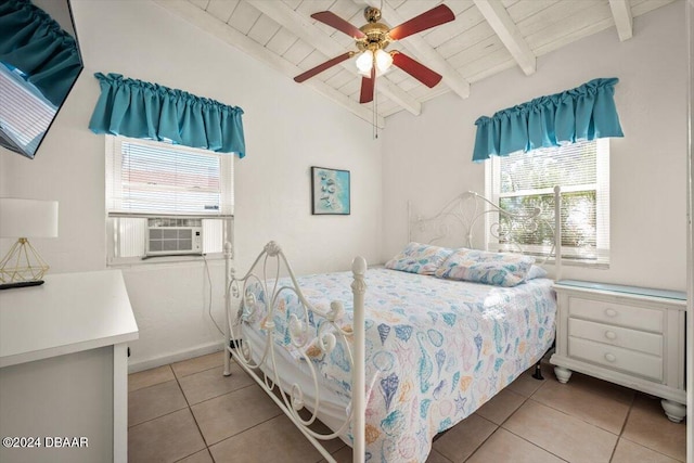 tiled bedroom with wood ceiling, ceiling fan, cooling unit, and lofted ceiling with beams