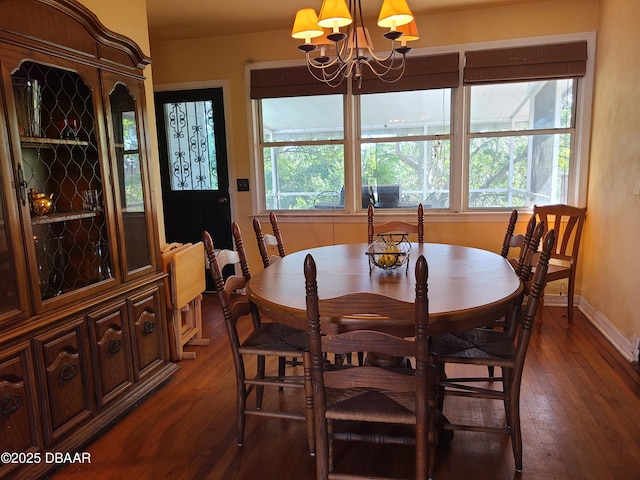 dining room featuring a wealth of natural light, dark wood finished floors, and an inviting chandelier