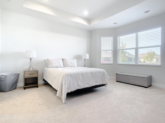 bedroom with a raised ceiling and light colored carpet