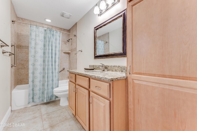 bathroom featuring tile patterned floors, vanity, toilet, and shower / tub combo with curtain