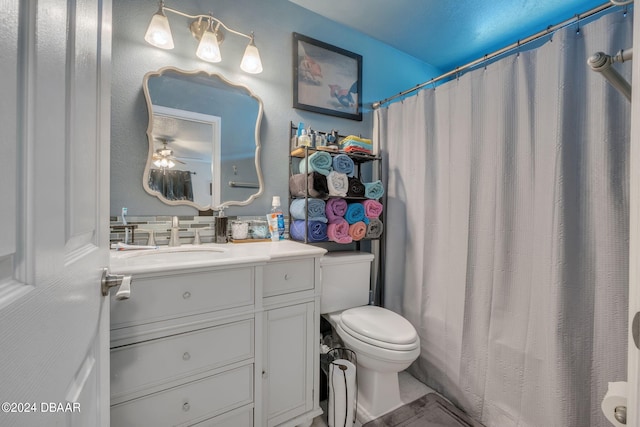 bathroom featuring vanity, ceiling fan, toilet, walk in shower, and tasteful backsplash