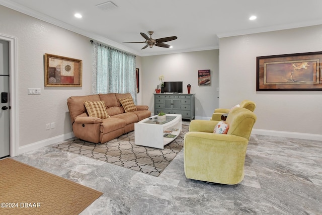 carpeted living room with ceiling fan and ornamental molding