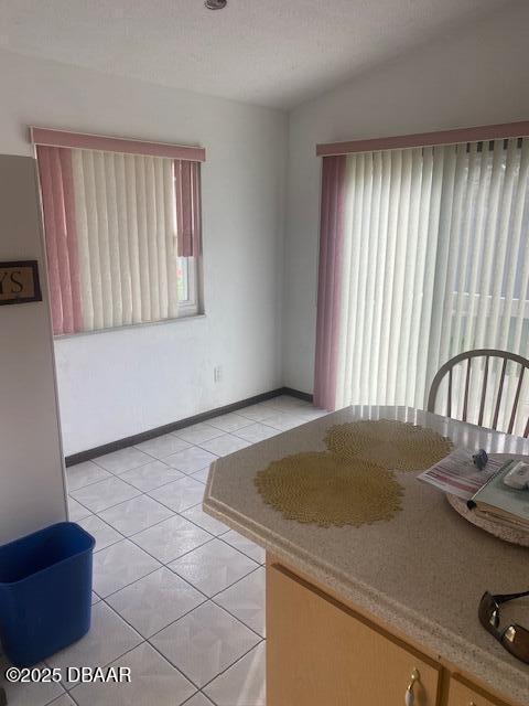 interior space featuring light tile patterned floors, lofted ceiling, and baseboards