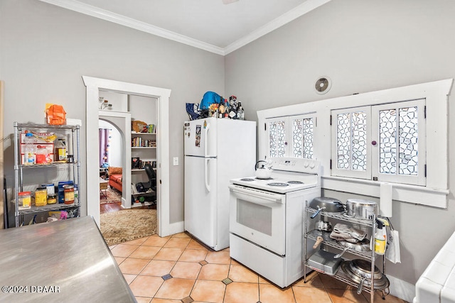 kitchen featuring crown molding, french doors, stainless steel counters, and white appliances