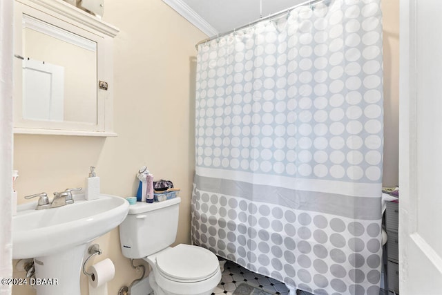 bathroom featuring ornamental molding and toilet