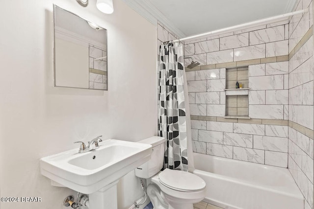 full bathroom featuring ornamental molding, sink, toilet, and shower / tub combo with curtain