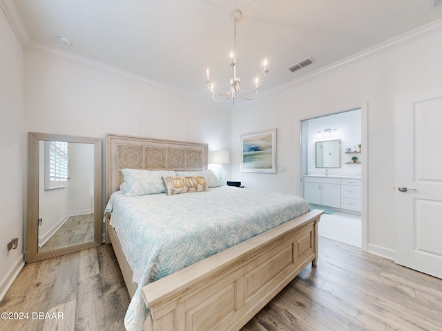 bedroom with ornamental molding, ensuite bathroom, a notable chandelier, and light wood-type flooring