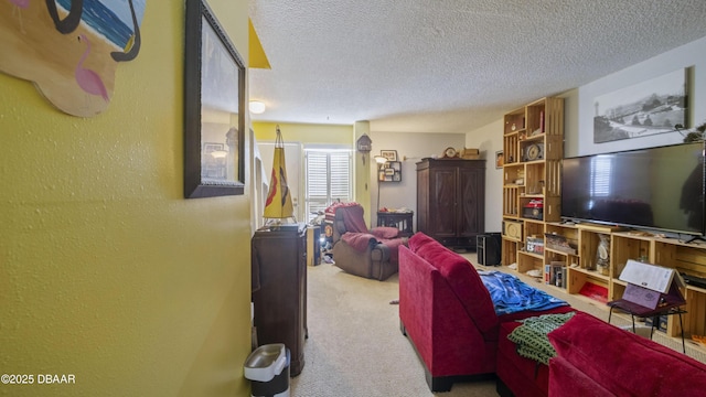 living area with carpet floors, a textured ceiling, and a textured wall