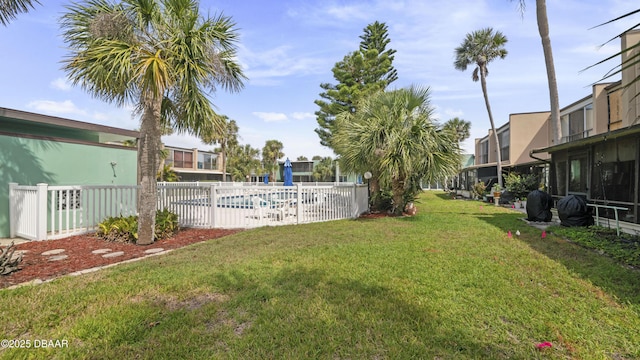 view of yard with a fenced in pool, fence, and a residential view