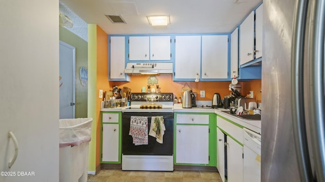 kitchen with freestanding refrigerator, range with electric stovetop, white dishwasher, light countertops, and under cabinet range hood