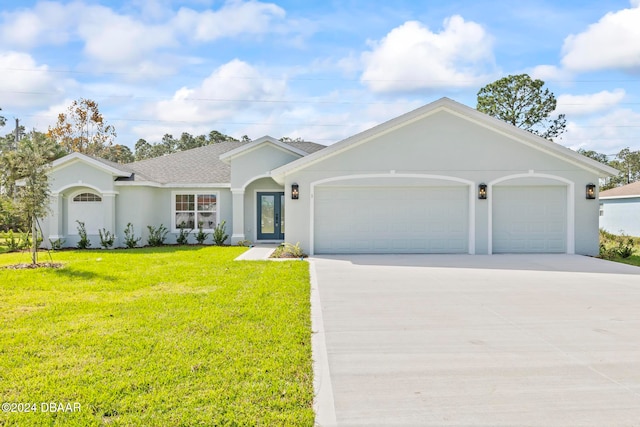 single story home with concrete driveway, an attached garage, stucco siding, a front yard, and roof with shingles