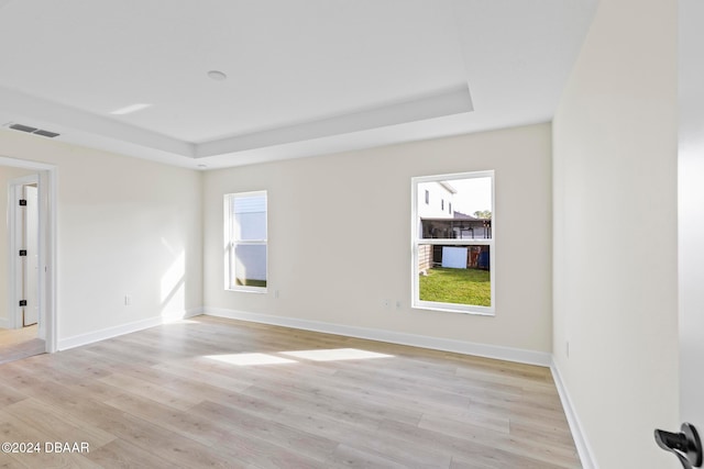 spare room with a raised ceiling, light wood-style floors, and healthy amount of natural light