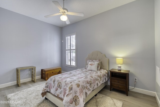 bedroom with ceiling fan and light wood-type flooring